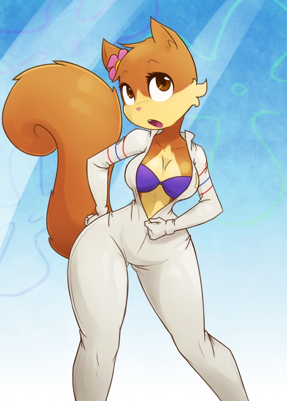 anthro, bikini top, breasts, female, female focus, female only, furry, nickelodeon, sandy cheeks, spongebob squarepants, squirrel, straight hair, tagme, tagme (artist), thick thighs, unzipping, wide hips