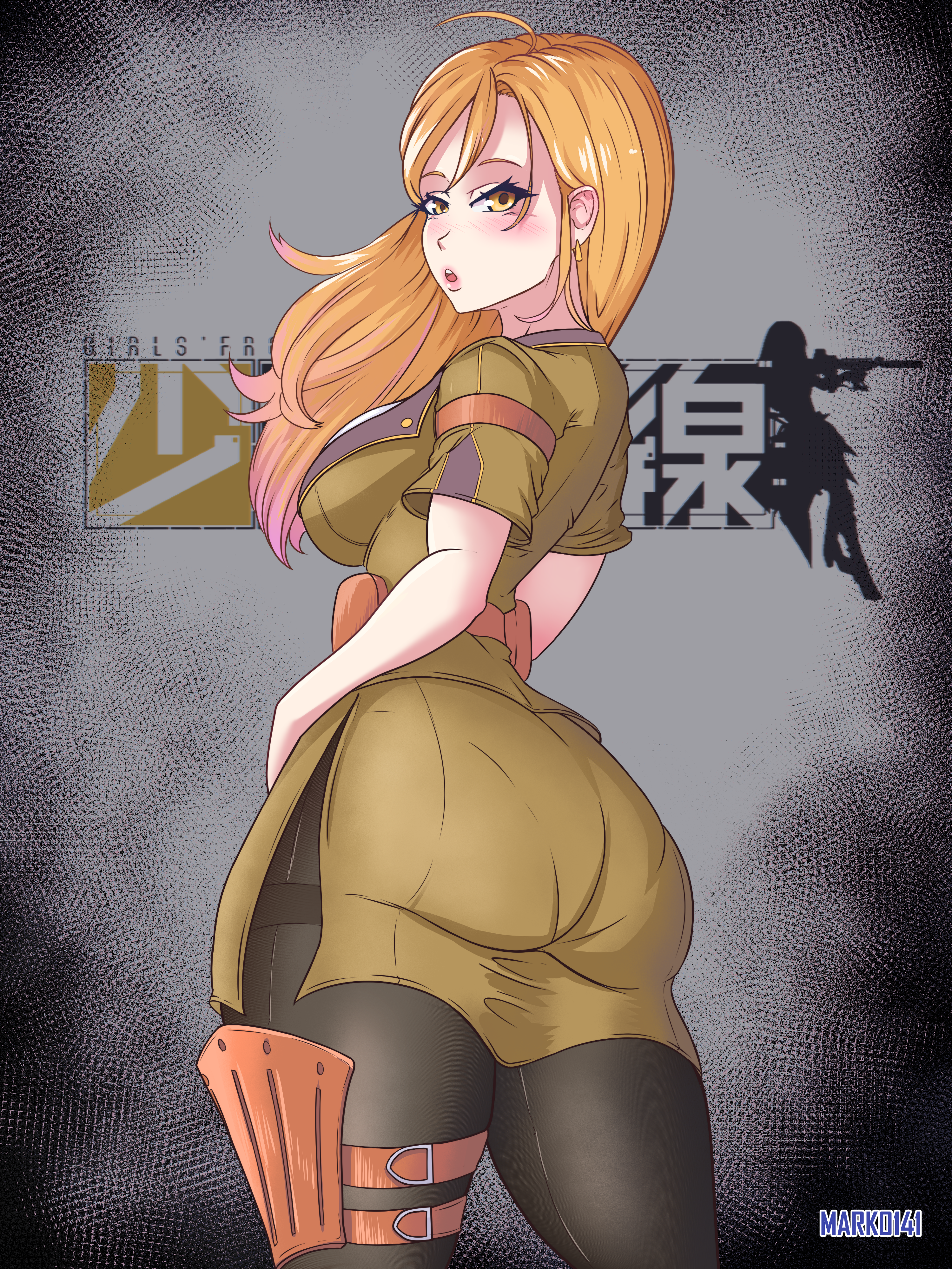 army, army girl, army uniform, ass, ass focus, back, back view, big ass, big breasts, big butt, breasts, busty, butt focus, canid, clothing, curvy, eyelashes, female, female focus, girls' frontline, hair, huge ass, legwear, long hair, looking at viewer, looking back, marko141, military, orange eyes, orange hair, panties visible through clothing, pantylines, rear view, sideboob, skirt, thick ass, thick thighs, thighs, underboob, uniform, video games, wide hips