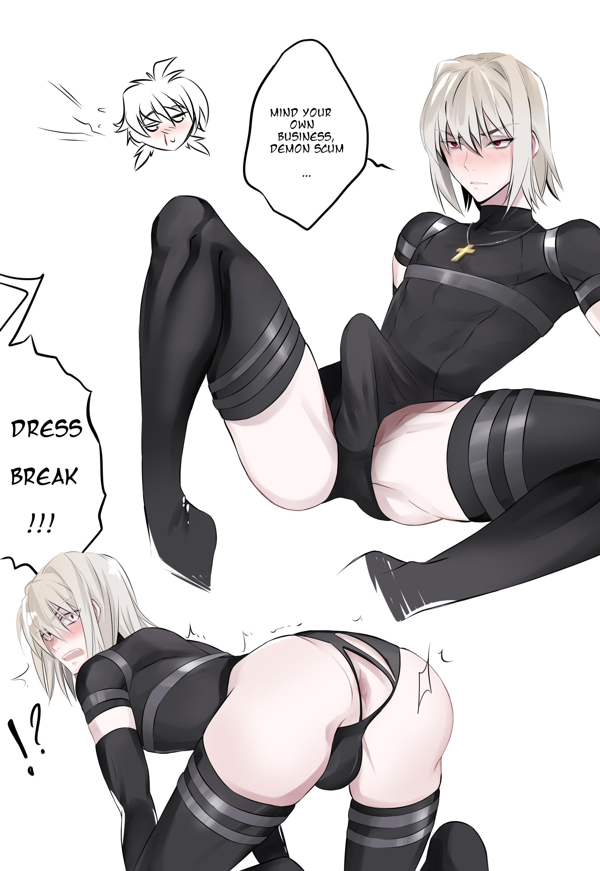 1boy, ass, balls, big ass, blush, cross necklace, erection, erection under clothes, exposed, femboy, freed sellzen, gay, harness, high school dxd, humiliation, hyoudou issei, male, male only, priest, red eyes, short male, slim, tight clothing, white hair, xxxtgxxx, yaoi