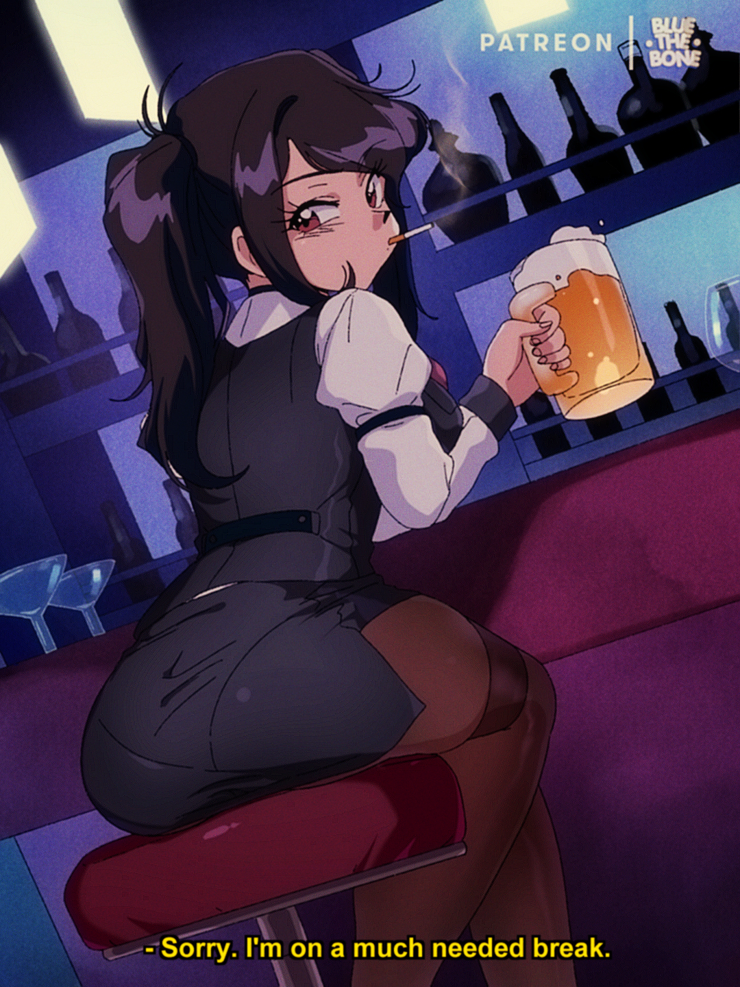 1girls, ass, beer, bluethebone, clothed, clothed female, clothes, clothing, english text, female, female only, julianne stingray, long hair, looking at viewer, looking back, office lady, pantyhose, pantylines, red eyes, retro artstyle, sitting, smoke, smoking, solo, va-11 hall-a