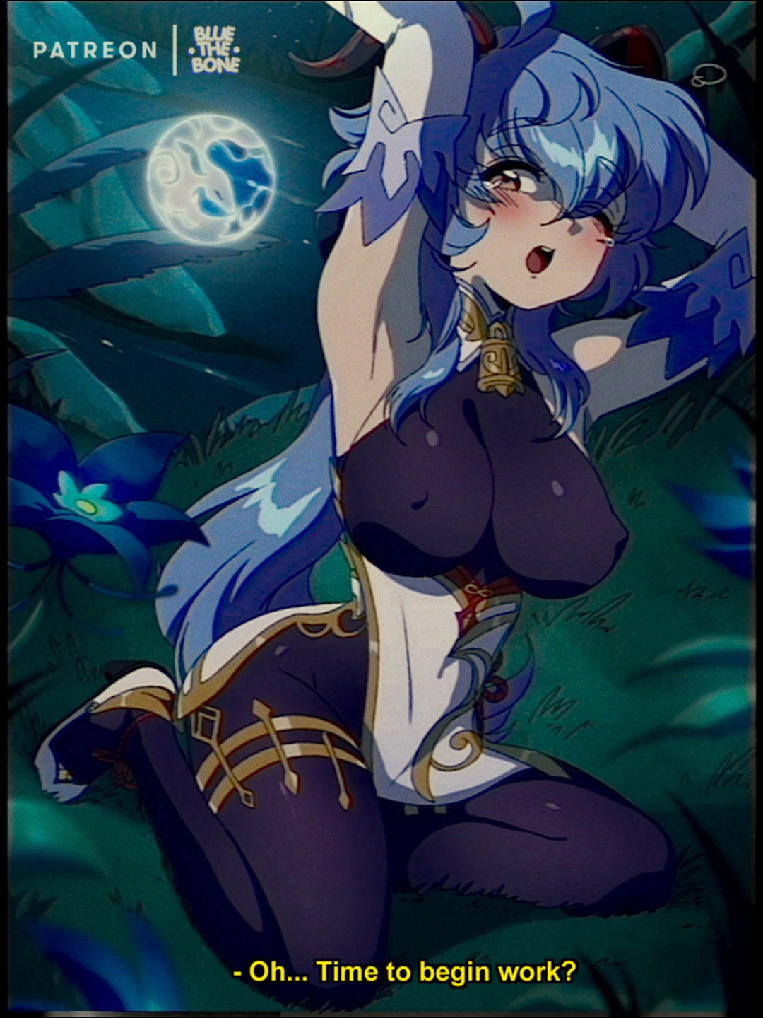 1girls, armpits, arms up, big breasts, blue hair, bluethebone, breasts, clothed female, clothes, english text, female, female only, full moon, ganyu (genshin impact), genshin impact, hands up, hips, horns, large breasts, nipple bulge, one eye closed, retro artstyle, solo, text, tight clothing, waking up, wide hips