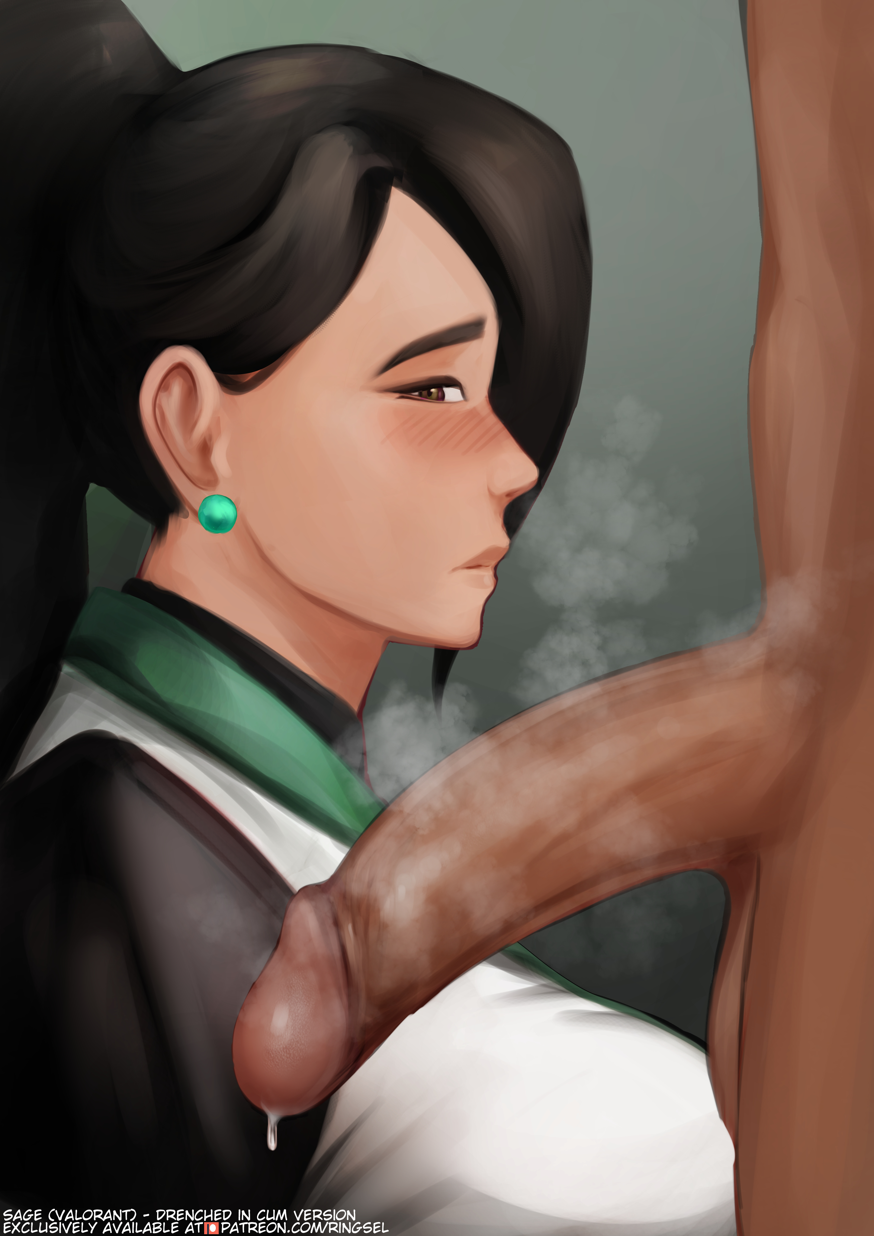 asian, big penis, blush, brown penis, chinese female, clothed female nude male, female, imminent oral, indian male, interracial, large penis, male, oral, penis, ponytail, precum, ringsel, riot games, sage (valorant), uncensored, valorant