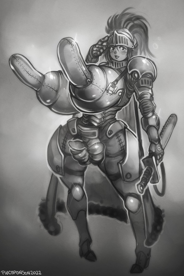 1girls armor breast_armor female female_only helmet huge_breasts hyper hyper_nipples hyper_pussy knight long_nipples monochrome plump_labia pussy pwcsponson solo solo_female sword tagme visor_lift