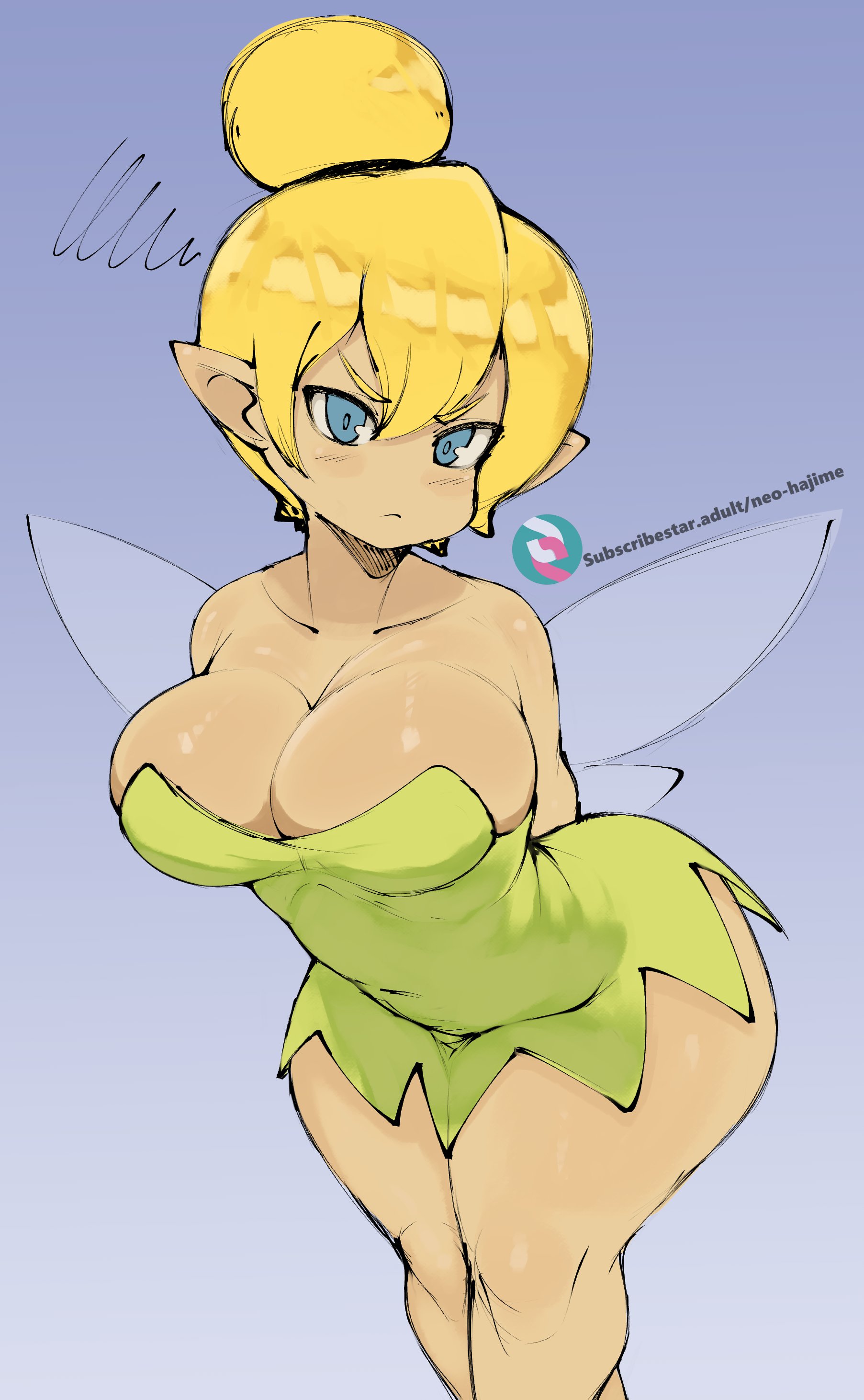 1girls, big breasts, blonde hair, blue eyes, breasts, disney, eye contact, fairy, fairy wings, female, looking at viewer, neo hajime, peter pan (disney), pointy ears, short hair, smaller female, solo, thick thighs, thighs, tinker bell, wide hips