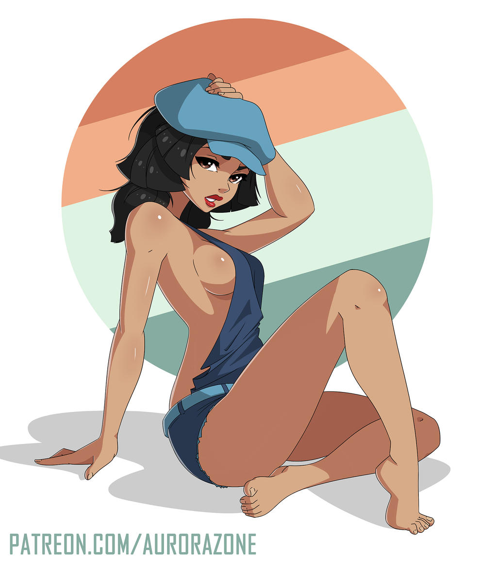 1girls atlantis:_the_lost_empire audrey_ramirez aurora-zone black_hair brown_eyes dark-skinned_female disney engineer female hand_on_head human latina legs looking_at_viewer petite red_lipstick sideboob sitting solo tomboy