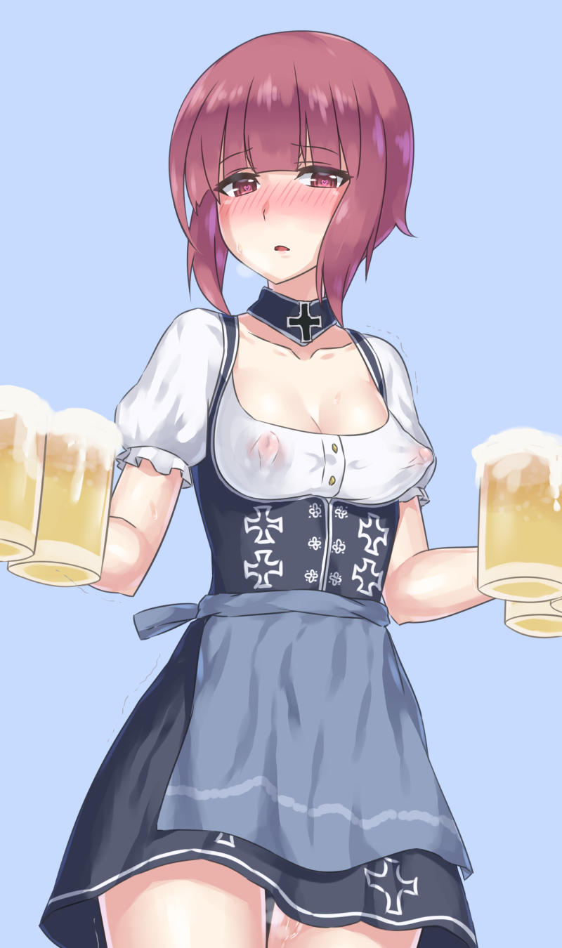 alcohol apron beer beer_mug blue_apron blush breasts brown_eyes cleavage covered_nipples cross cup dirndl dress female german_clothes heart heart-shaped_pupils highres holding holding_cup iron_cross kantai_collection looking_at_viewer mizuumi_(bb) mug nipples oktoberfest open_mouth perky_breasts puffy_nipples pussy_juice see-through short_hair small_breasts solo symbol-shaped_pupils underbust waist_apron z3_max_schultz_(kantai_collection)