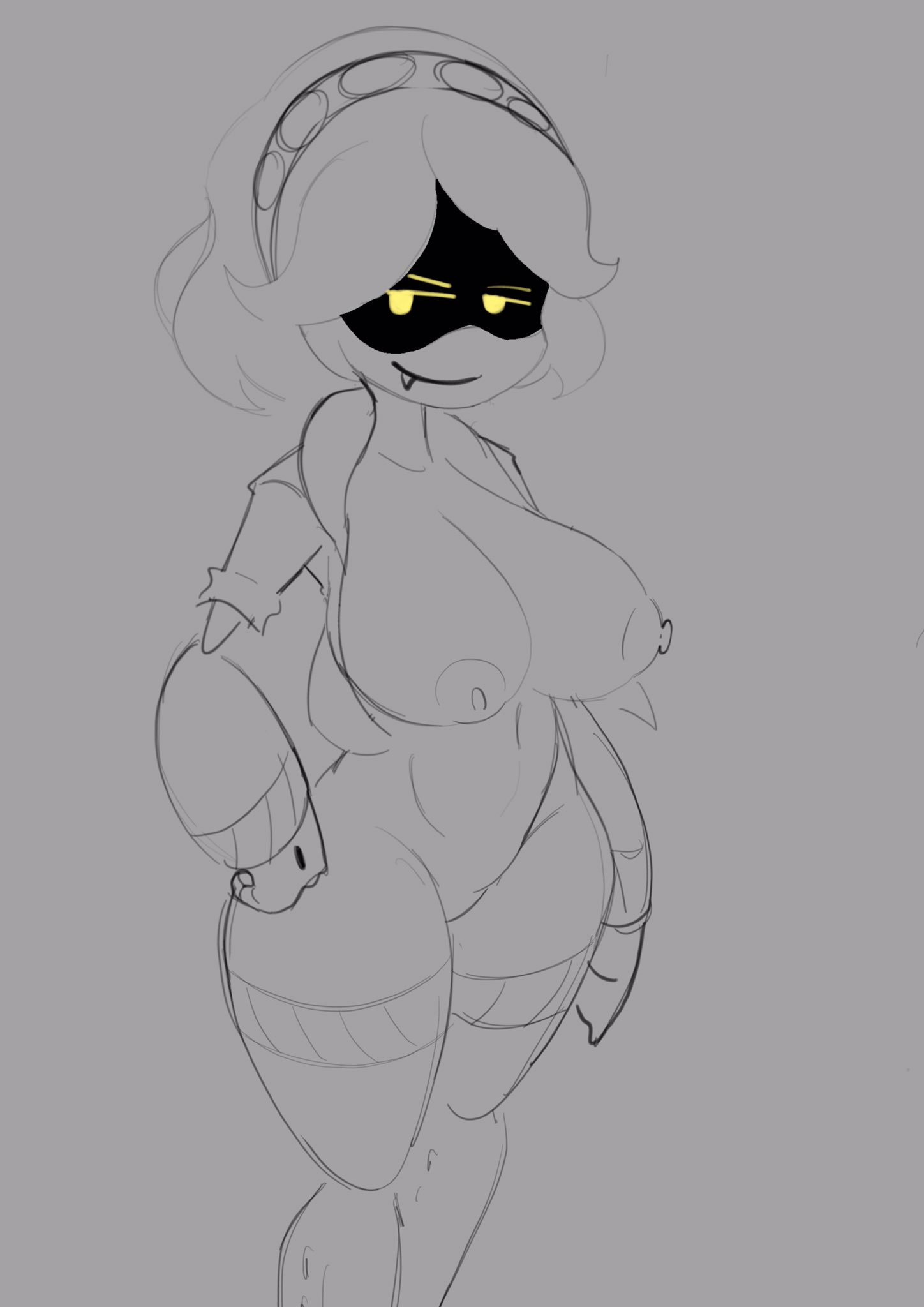 1girls, 2d, breasts, disassembly drone, fang, female, female only, ghastlypann, glitch productions, hand on hip, humanoid, large breasts, looking at viewer, mob face, murder drone, murder drones, nipples, robot, robot girl, robot humanoid, screen face, seductive, seductive look, seductive smile, sega, short hair, solo, sonic (series), tease, v (murder drones), yellow eyes, youtube