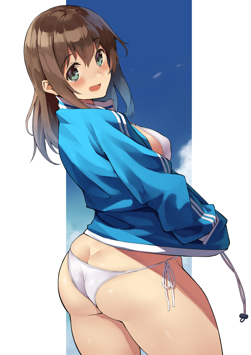 :d amamiya_natsumi ass ass_cleavage bangs bikini blue_hair blue_sky blush breasts brown_hair butt_crack cloud covered_nipples eyebrows_visible_through_hair female from_behind gradient_hair green_eyes hair_between_eyes hands_in_pockets highres huge_ass jacket kekemotsu large_breasts long_hair long_sleeves looking_at_viewer looking_back multicolored_hair open_clothes open_jacket open_mouth original side-tie_bikini sky smile solo swimsuit swimsuit_under_clothes thighs track_jacket white_bikini