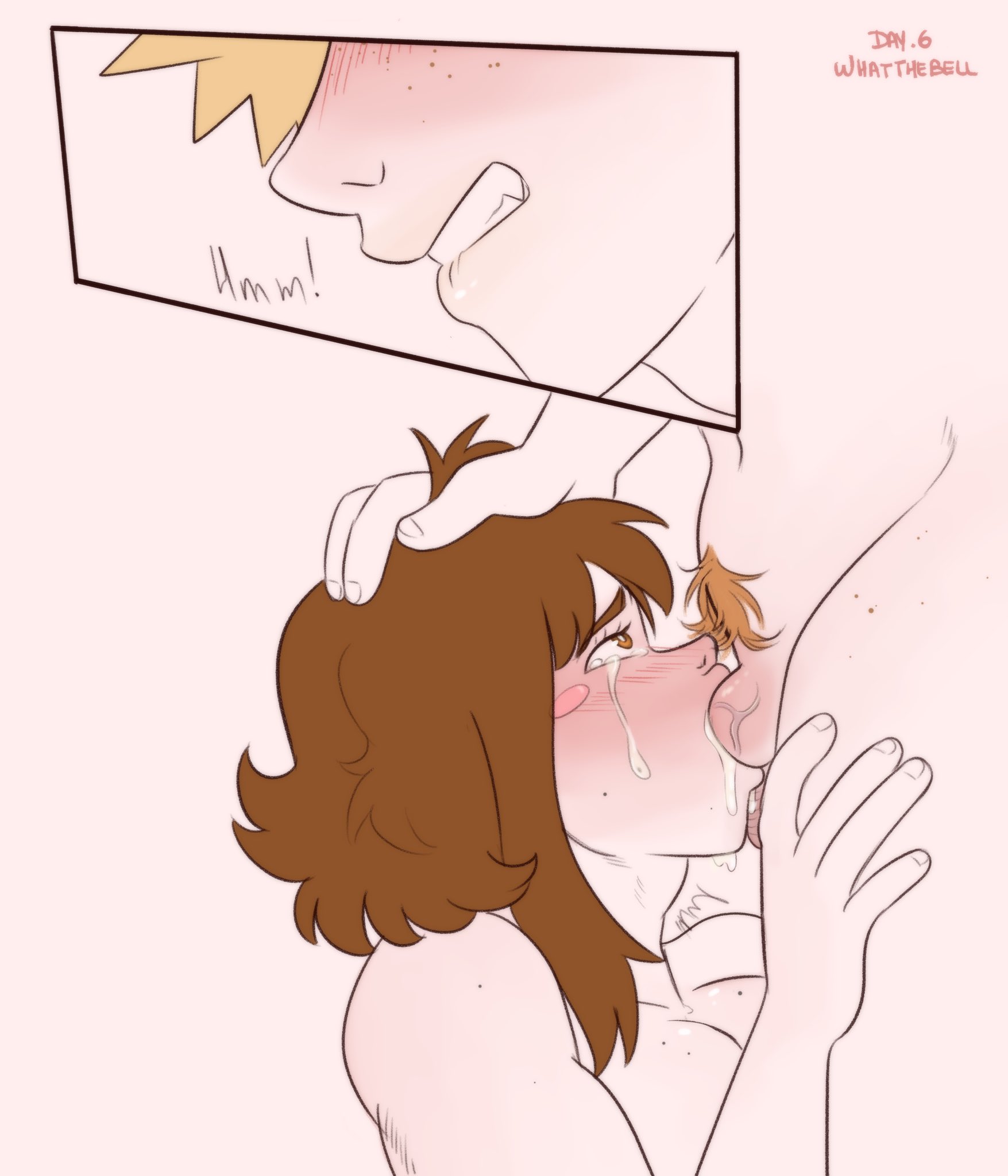 1boy, 1girls, all the way to the base, blonde hair, blonde-haired male, blowjob, brown hair, brown-haired female, crying, cum drip, cum in mouth, deepthroat, face fucking, fellatio, female, forced oral, gagging, hair grab, hand on another's head, katsuki bakugou, male, my hero academia, ochako uraraka, oral, penis, penis in mouth, spiky hair, standing, straight, tears, throat bulge