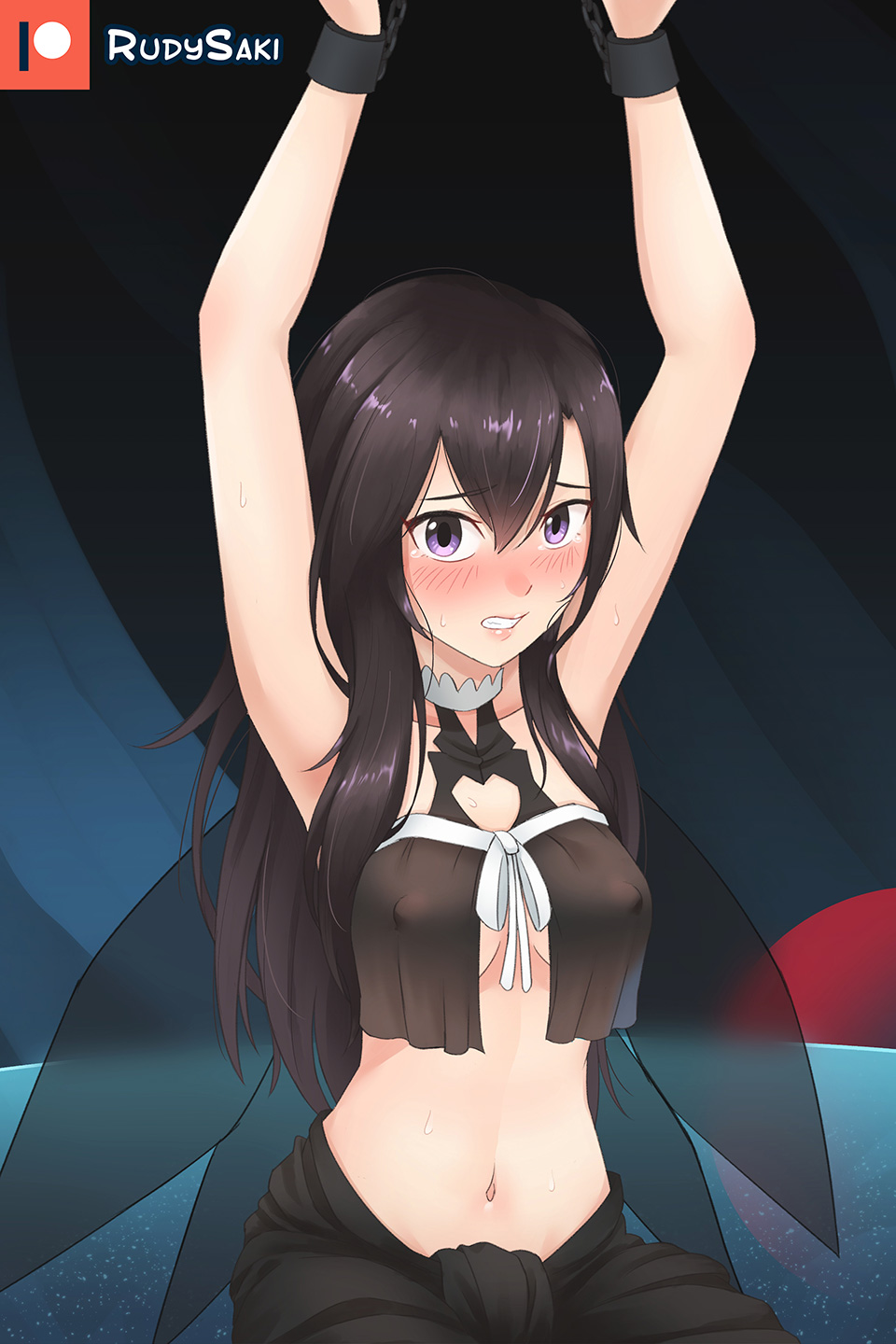 black hair, blush, bondage, captured, chained, chained up, chained wrists, chains, embarrassed, fairy, female, female kirito, gender transformation, gun gale online, hands above head, kirigaya kazuto, kirito, kirito (sao-ggo), nervous, nipples visible through clothing, purple eyes, rudy saki, rule 63, scared, sweatdrop, sword art online, transformation