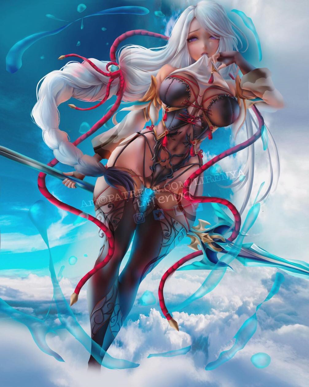 big_breasts big_thighs blue_background cute genshin_impact lingerie lirenya long_hair shenhe_(genshin_impact) sky violet_eyes warrior white_hair