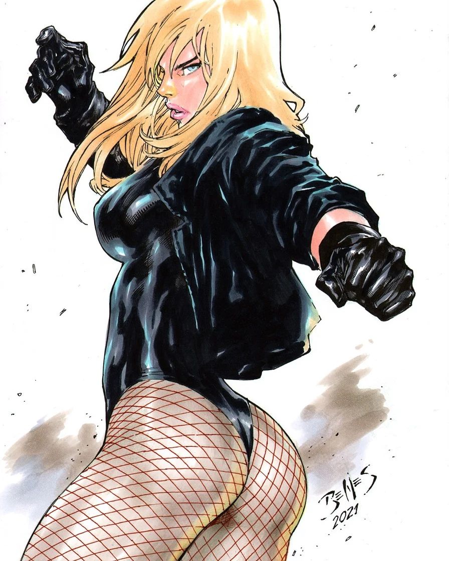 ass ass_focus black_canary black_dress black_gloves blonde_hair blue_eyes breasts busty clothed clothing curvaceous curvy dc dc_comics dinah_lance ed_benes ed_benes_studio fat_ass female female_focus female_only fishnet fishnet_stockings fishnets green_arrow_(series) huge_ass panties pinup solo solo_focus tight_clothing