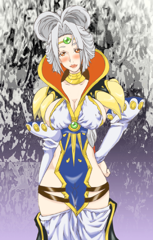 big_breasts blush breasts choker chrono_cross cleavage detached_sleeves erect_nipples female hands_on_hips hyde_onsenguma large_breasts long_hair orange_eyes sideboob silver_hair solo steena thighhighs tiara