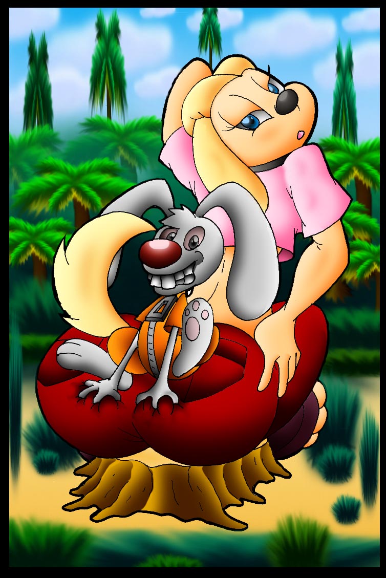 anthro brandy_and_mr._whiskers brandy_harrington canine clothing day disney disney_channel dog female fur furry interspecies looking_back male mammal mr._whiskers outdoors rabbit sitting size_difference tagme toon_disney