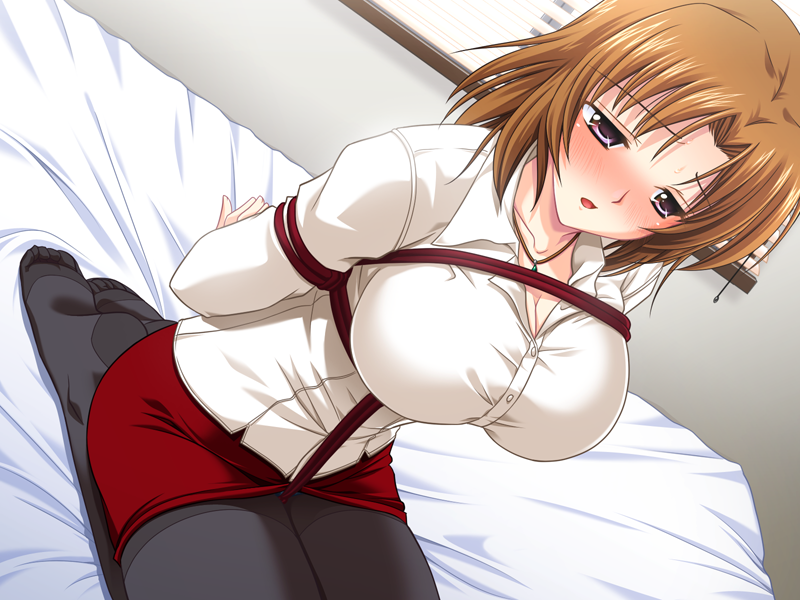 13cc 13cm bed big_breasts blush bondage breasts brown_hair female femsub game_cg helpless huge_breasts kneeling large_breasts love_bind miniskirt pantyhose rope shibasaki_nozomi shirt short_hair skirt solo source_request teacher tied window