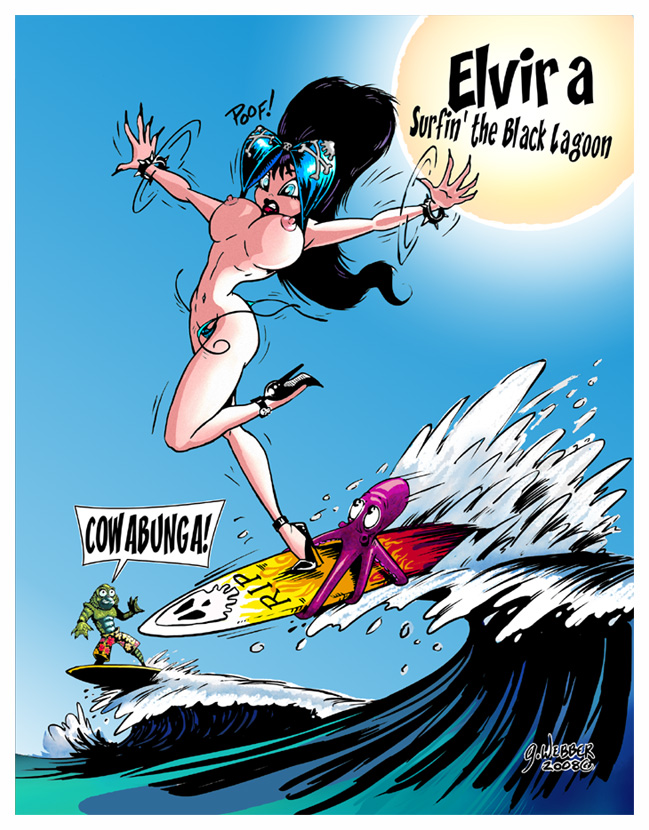 1girls 2008 anthro bikini_top breasts cassandra_peterson celebrity creature_from_the_black_lagoon drawn elvira elvira:_mistress_of_the_dark female fishman gill-man high_heels huge_breasts human humor nipples spacecowboy76 surfboard surfing swimsuit tagme wardrobe_malfunction