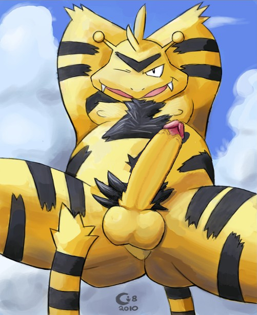 antennae anthro arms_behind_head black_fur color day electabuzz erection fangs front_view fur furry furry_tail looking_at_viewer male male_only narc nude outdoors penis pokemon pose sky smile solo tail testicles wink yellow_fur