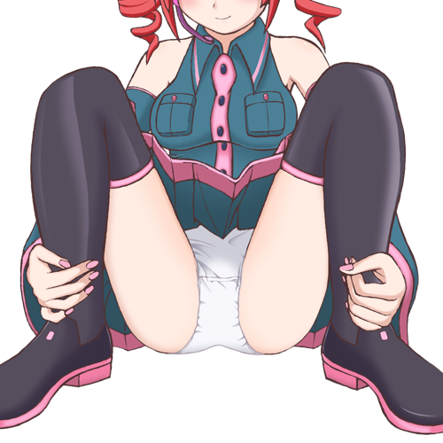 1girls, blush, breasts, drill hair, female, hands, head out of frame, kasane teto, lowres, mario (makoto), panties, pantyshot, red hair, simple background, skirt, solo, spread legs, thighhighs, underwear, upskirt, utau, vocaloid, white panties