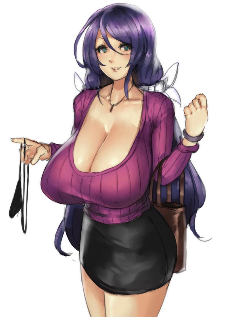 black_panties blue_eyes breasts cleavage eu03 female hair_ribbon holding holding_clothes holding_panties holding_underwear huge_breasts jewelry long_hair looking_at_viewer love_live! love_live!_school_idol_project low_twintails milf necklace panties panties_removed pencil_skirt purple_hair ribbon sagging_breasts scoop_neck simple_background skirt smile solo sweater toujou_nozomi twintails underwear white_background