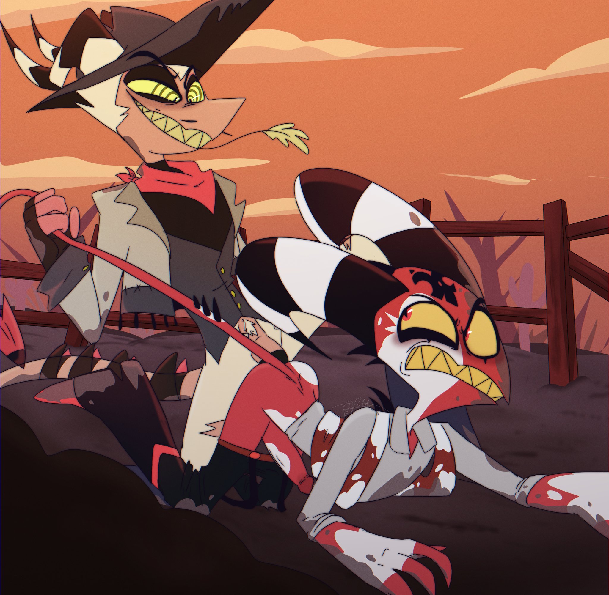 2boys, anal, anal sex, anthro, anthro on anthro, anthro only, anthro penetrated, anthro penetrating, anthro penetrating anthro, anthrofied, black eyes, blitzo (helluva boss), blush, clothed, clothed sex, clothing, cowboy, cowboy hat, demon, duo, grabbing tail, half-closed eyes, helluva boss, horn, horns, kkcq20yk0db5mak, looking back, looking down, male, male only, male penetrated, male penetrating, male penetrating anthro, male penetrating male, male/male, panties down, penis, red body, red eyes, red skin, sex, striker (helluva boss), teeth, two-tone body, two-tone skin, vivienne medrano, white body, white skin, yellow eyes