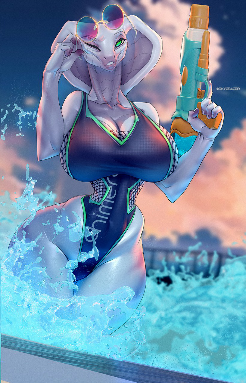 2d agent_torque anthro female female_only fishnets glasses glasses_on_head green_eyes lavender_scales leotard looking_at_viewer one_eye_closed scalie scalie_female scalie_humanoid scalie_only skygracer smiling smiling_at_viewer snake snake_hood solo solo_female swimsuit tagme torque_(x-com:_chimera_squad) viper_(x-com) water water_gun white_body white_skin winking winking_at_viewer x-com x-com:_chimera_squad