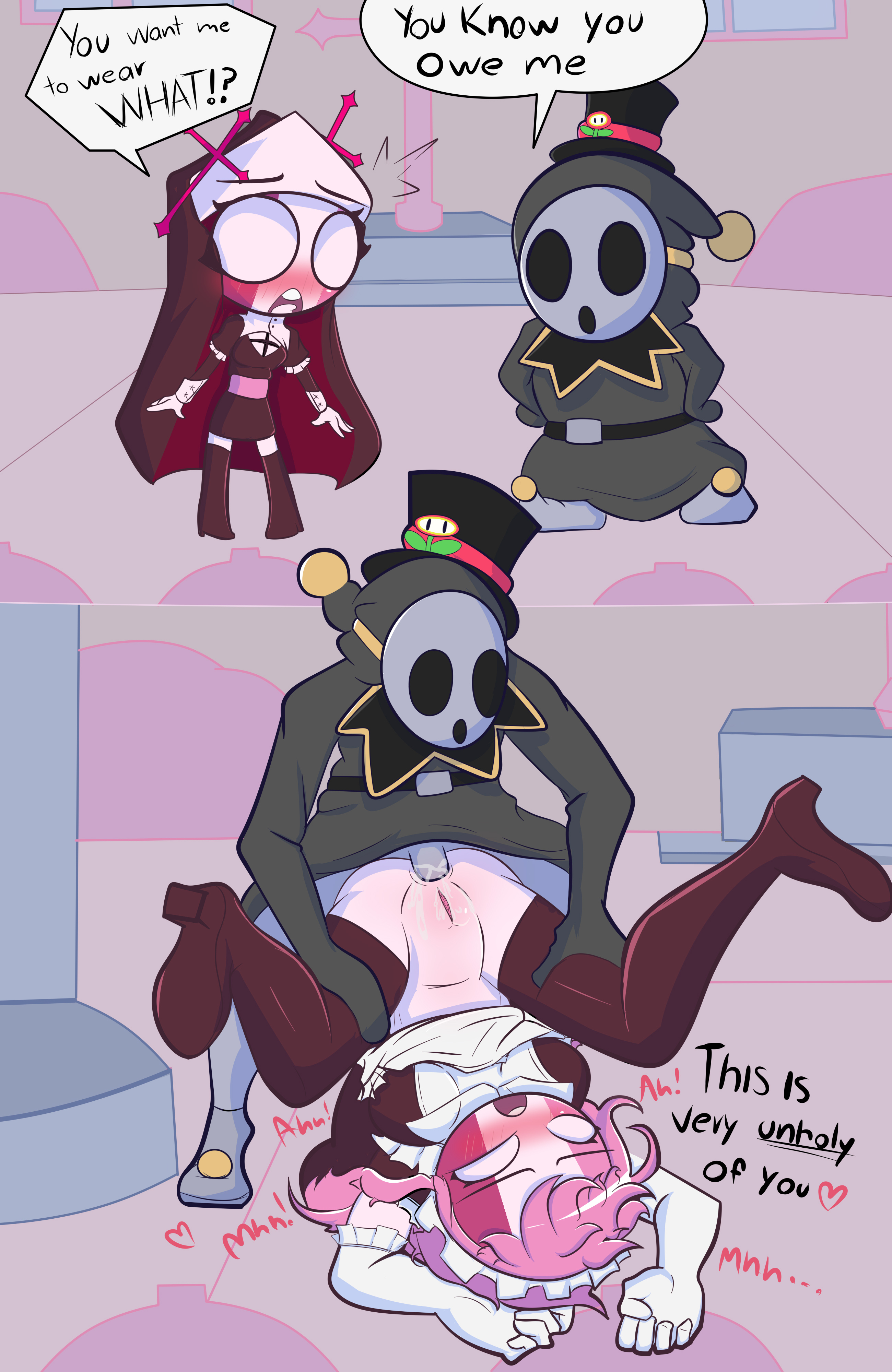 1boy, 1girls, anal, anti groove, breasts, chibi, church, dialogue, domination, english text, female, femsub, friday night funkin, goatgaby, hat, long hair, maid, maid headdress, maid uniform, male, male penetrating, male/female, mario (series), mask, moaning, moaning in pleasure, multiple images, nun, oc, penetration, penis, piledriver position, pink hair, pussy, sarvente (dokki.doodlez), sex, shy guy, spread legs, spreading, straight, thick thighs, thigh boots, upside-down, white eyes
