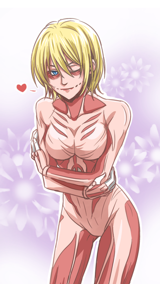 annie_leonhardt ass_visible_through_thighs attack_on_titan blonde_hair blue_eyes breasts female_titan heart hips kenji_siao shingeki_no_kyojin short_hair wink winking winking_at_viewer