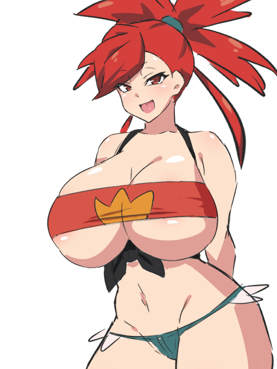 1girls, alternate breast size, barely contained, breasts, crop top, dd (artist), female, flannery (pokemon), huge breasts, impossible clothes, light skin, light-skinned female, long hair, massive breasts, naughty face, nintendo, panties, pokemon, pokemon oras, pokemon rse, red eyes, red hair, smile, thick thighs, tied hair, tubetop, white background, wide hips