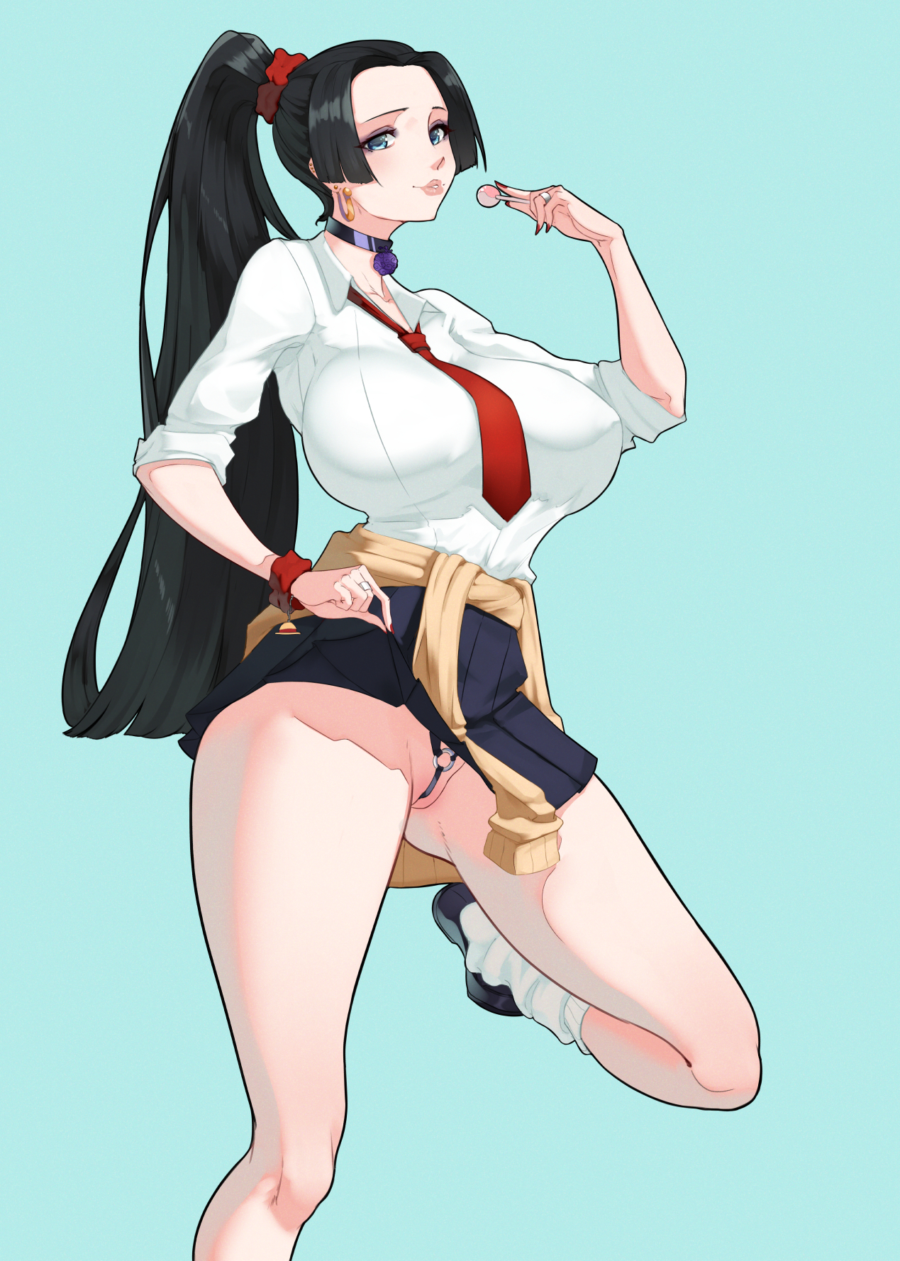 1girls, 47 hard, big breasts, black hair, blue eyes, boa hancock, breasts, cameltoe, earrings, eye contact, female, female focus, female only, huge breasts, looking at viewer, one piece, ponytail, pussy, school uniform, skirt, skirt lift, solo, standing, thick thighs