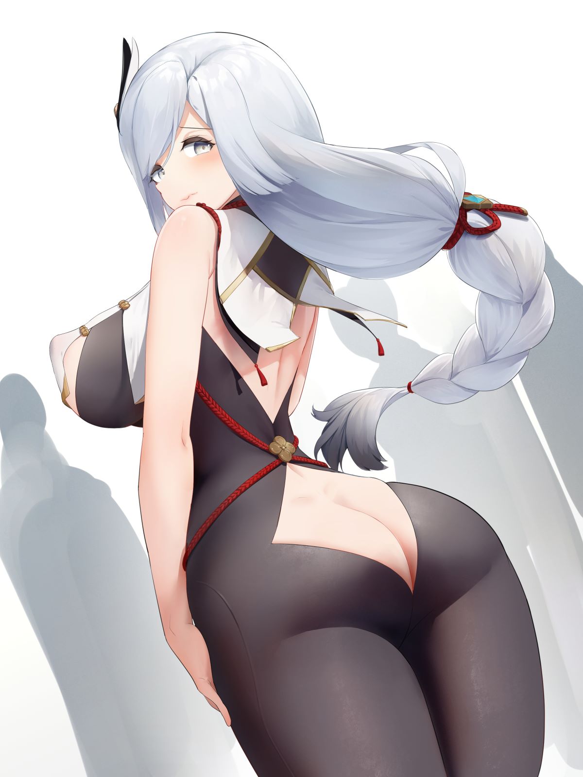 ass ass_cleavage ass_cutout bangs big_ass big_breasts black_bodysuit blush bodysuit breast_curtain breasts butt_crack clothing_cutout covered_nipples female genshin_impact gold_trim grey_eyes hair_ornament highres large_breasts long_hair looking_at_viewer looking_back shenhe_(genshin_impact) sleeveless solo white_hair yashemao_qishi