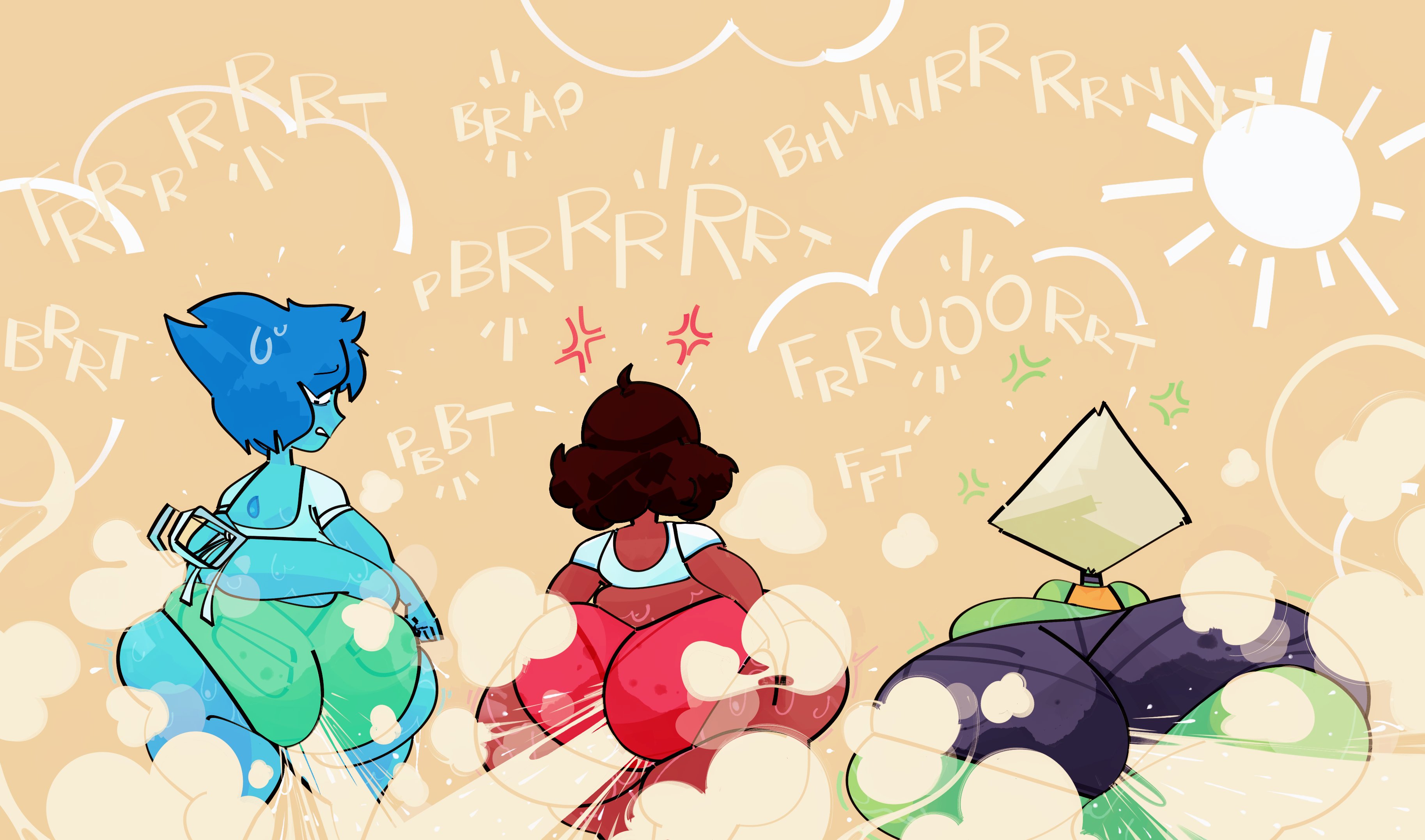 3girls, alternate version available, ass, back view, bbw, big ass, big butt, blue skin, connie maheswaran, dark skin, dark-skinned female, embarrassed, fart, fart cloud, farting, female, gem (species), green skin, hand on ass, highres, huge ass, indian, indian female, lapis lazuli (steven universe), looking back, multiple females, multiple girls, onomatopoeia, peridot (steven universe), puntthepoodle, steven universe, sweatdrop, swimwear, thick thighs, tight clothing, tight fit, wedgie, wide hips
