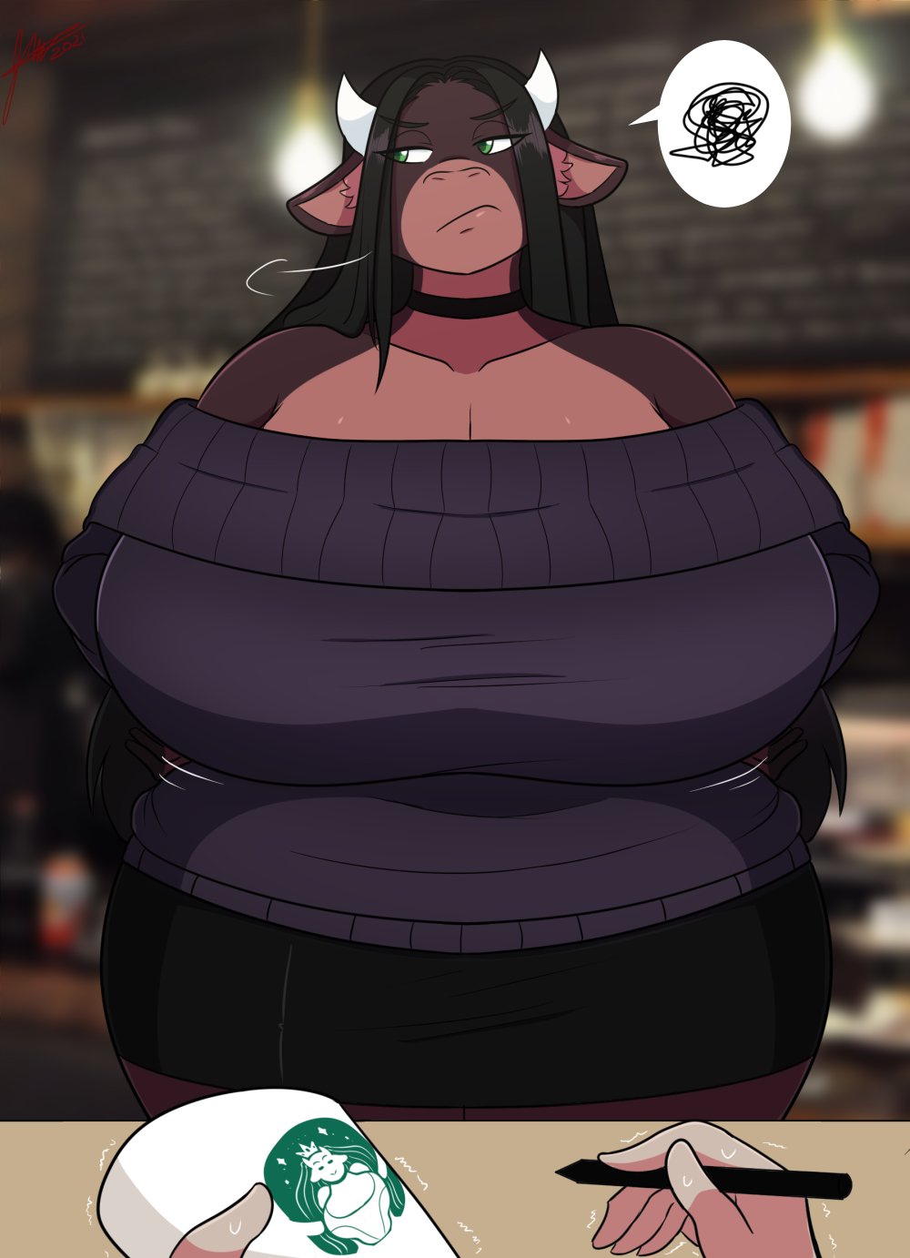 1girls 2021 annoyed big_breasts black_hair breasts cleavage clothing cow_ears cow_girl cow_horns female female_focus furry green_eyes hips horns huge_breasts iced_latte_with_breast_milk jwinkz large_breasts long_hair meme pov sidescreen_character solo solo_female solo_focus spoken_squiggle squiggle summer_(jwinkz) sweater wide_hips