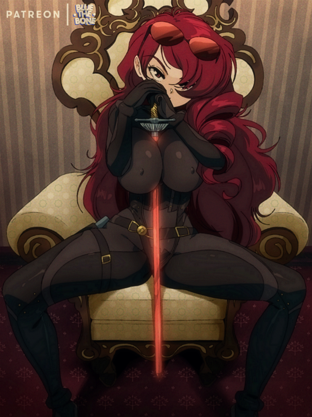 1girls, 3:4, alternate version available, big breasts, black bodysuit, bluethebone, bodysuit, breasts, catsuit, clothed, clothed female, female, female focus, female only, large breasts, long hair, looking at viewer, megami tensei, mitsuru kirijo, mitsuru kirijo (arena), nipple bulge, object between breasts, persona, persona 3, persona 4, persona 4 arena, rapier, red eyes, red hair, retro artstyle, sitting, solo, source request, spread legs, sunglasses, sunglasses on head, sword, sword between breasts, tight clothing, very long hair