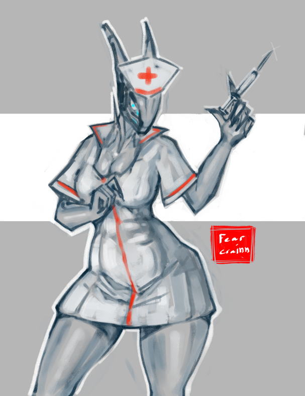 1girls athletic_female blue_eyes breasts cleavage fcrainn holding_syringe medium_breasts needle nurse nurse_uniform robot robot_girl solo solo_female valkyr_(warframe) warframe