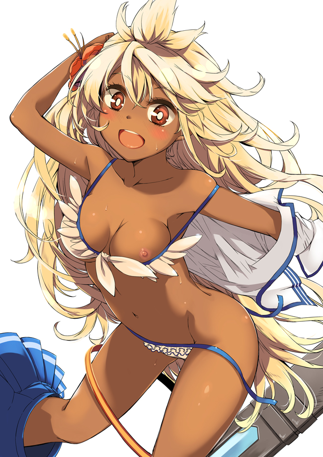 /// 1girls :d ahoge bikini blonde_hair blush breast_slip breasts bright_pupils clothing dark-skinned_female dark_skin female female_only flower frilled_bikini frilled_swimsuit frills granblue_fantasy hair_between_eyes hair_flower hair_ornament hibiscus long_hair looking_at_viewer medium_breasts navel nipple_slip nipples open-mouth_smile open_mouth red_eyes scabbard side-tie_bikini simple_background skirt skirt_around_one_leg smile solo sweat swimsuit sword undressing untied untied_bikini weapon white_background white_bikini white_hair white_swimsuit yuu_(kfc) zooey_(granblue_fantasy)