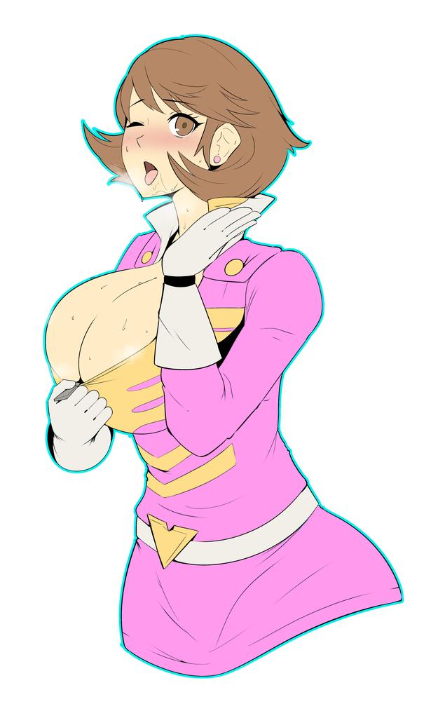 atlus, blush, breasts, brown hair, cleavage, fanning self, featherman (persona), female, large breasts, naver, persona, persona 3, persona 4 arena, persona 4: the ultimate in mayonaka arena, pink argus, sweat, sweaty, tongue, tongue out, wince, yukari takeba, yukari takeba (pink argus)