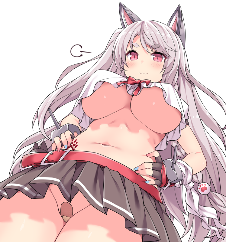 :3 =3 amane_hasuhito animal_ears azur_lane bandaid bandaid_on_pussy bangs belt belt_buckle black_skirt bottomless bottomless_skirt bow braid breasts buckle cowboy_shot crop_top crop_top_overhang eyebrows female fingerless_gloves from_below gloves hands_on_hips large_breasts long_hair looking_at_viewer mechanical_ears microskirt multicolored_nails nail_polish navel no_bra no_panties paw_print paw_tattoo pawprint pleated_skirt red_belt red_eyes red_gloves short_eyebrows side_braid simple_background skirt slit_pupils solo tattoo thick_eyebrows underboob upshirt upskirt white_background white_hair wolf_ears wolf_girl yuudachi_(azur_lane)