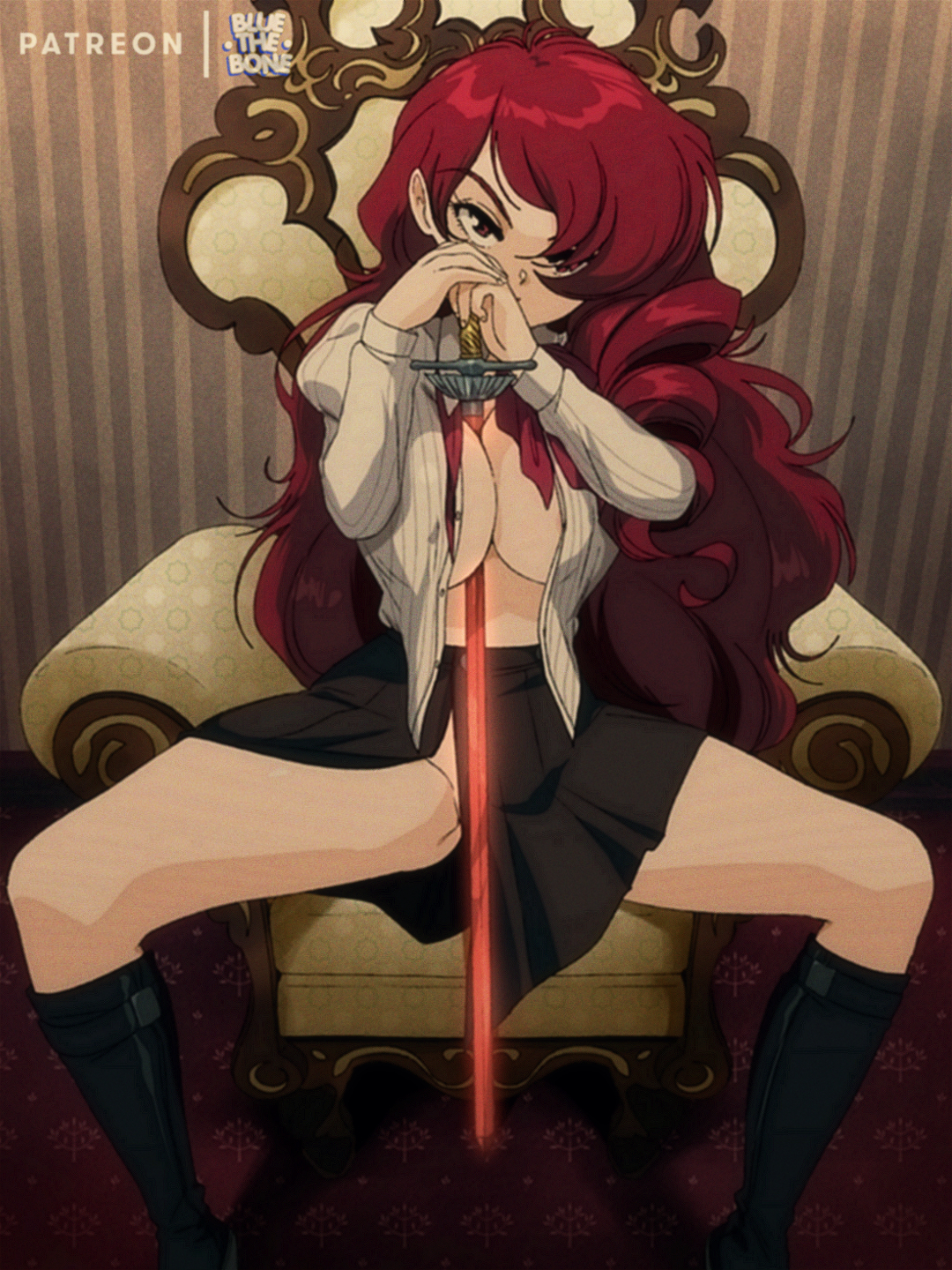 1girls, 3:4, alternate version available, big breasts, black boots, bluethebone, boots, breasts, cleavage, clothed, clothed female, female, female only, large breasts, long hair, looking at viewer, megami tensei, mitsuru kirijo, nipple bulge, object between breasts, open shirt, persona, persona 3, rapier, red eyes, red hair, retro artstyle, school uniform, schoolgirl, sitting, skirt, source request, spread legs, sword, sword between breasts, very long hair