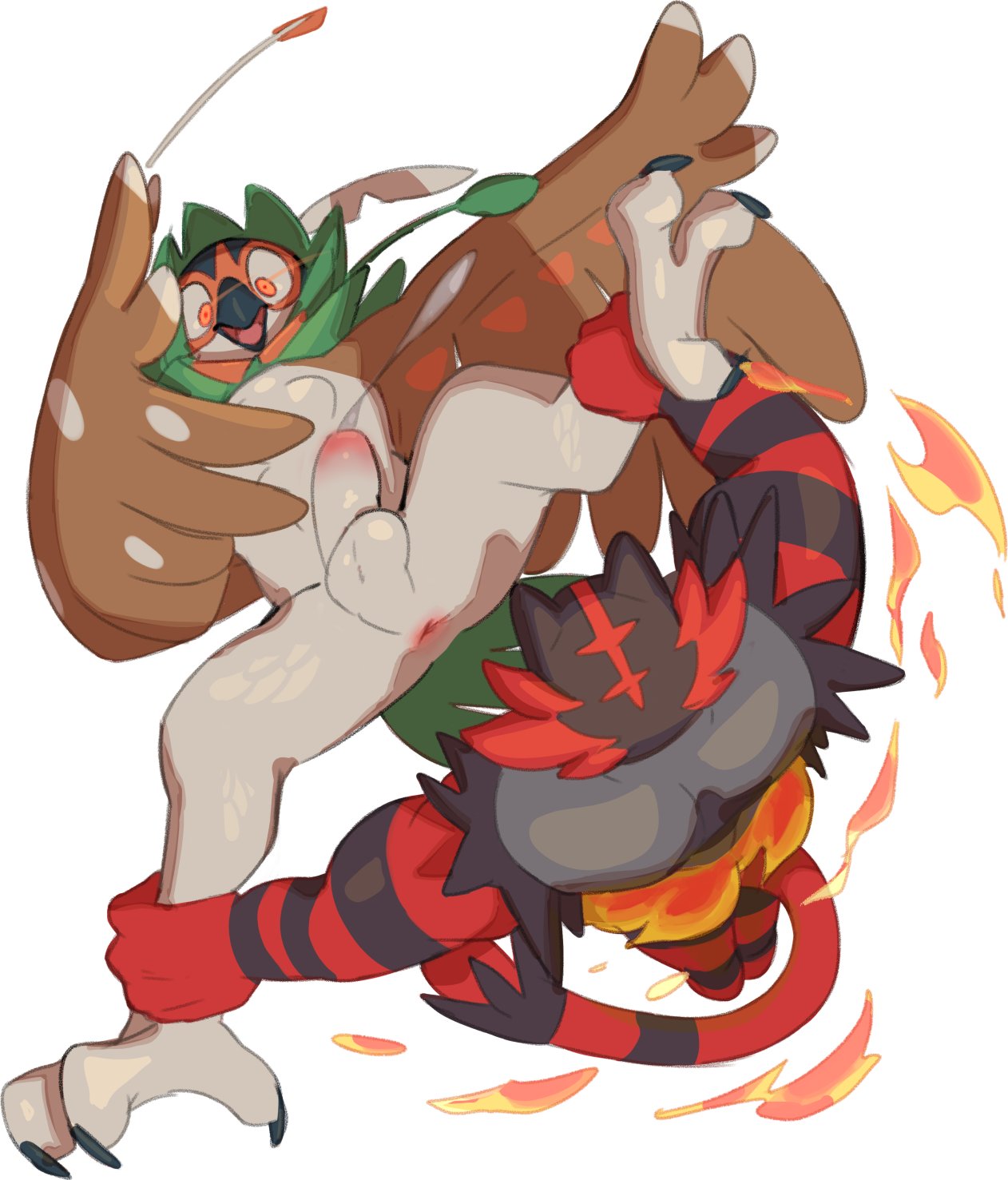 anthro anus ass balls bara biped black_body black_fur brown_body brown_feathers claws dangpa decidueye ejaculation erection feathers fur genitals hi_res incineroar leg_grab looking_surprised male male_only nintendo penis pokémon_(species) pokemon red_body red_fur solo spread_legs spreading video_games white_background wings