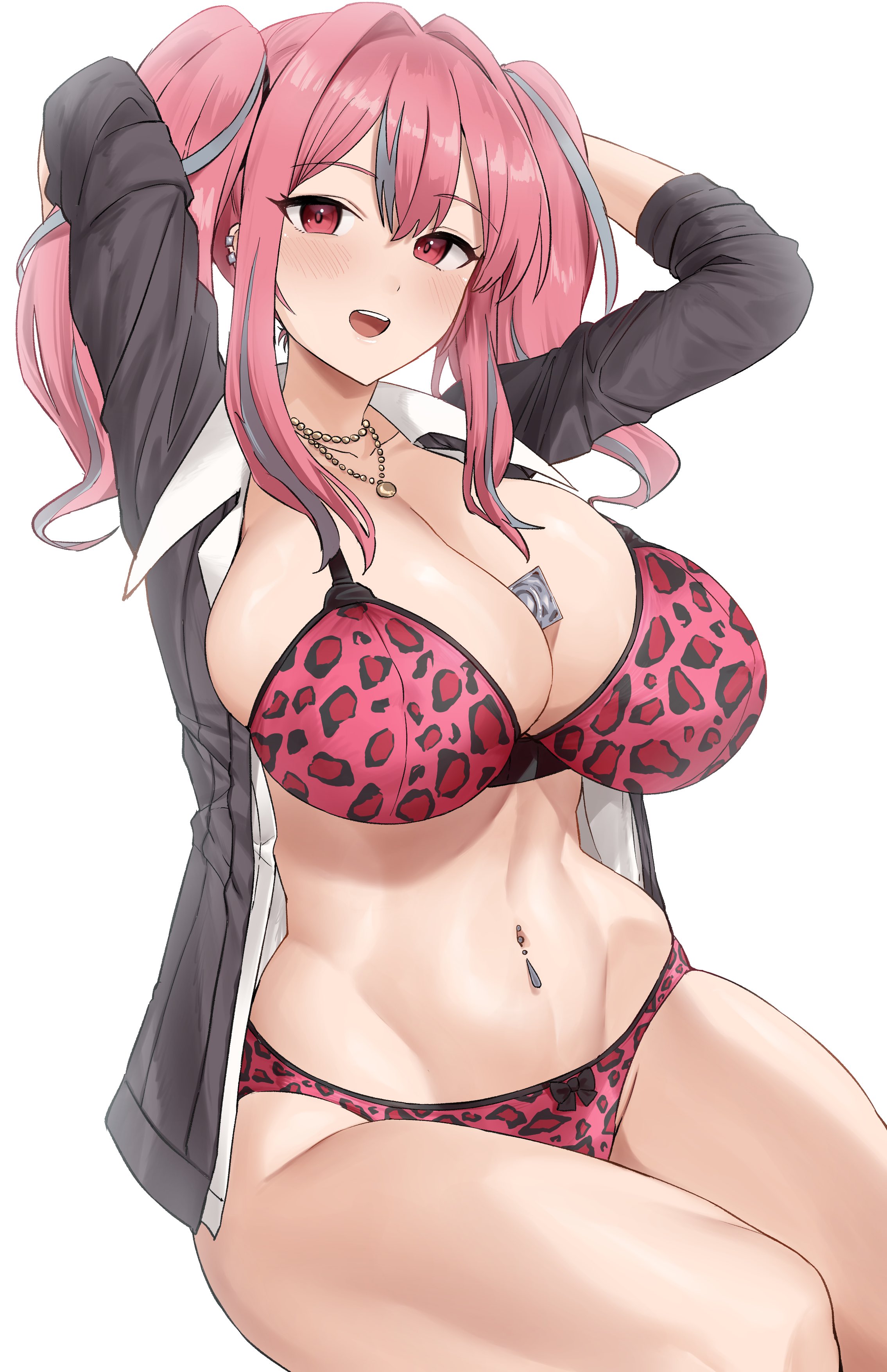 1girls, 2022, arms up, azur lane, belly button piercing, bra, breasts, bremerton (azur lane), cleavage, condom, female, female only, hi res, hips, hotate-chan, huge breasts, medium hair, object between breasts, open clothes, panties, pink bra, pink eyes, pink hair, pink panties, simple background, slim waist, thick thighs, thighs, twintails, very high resolution, wide hips