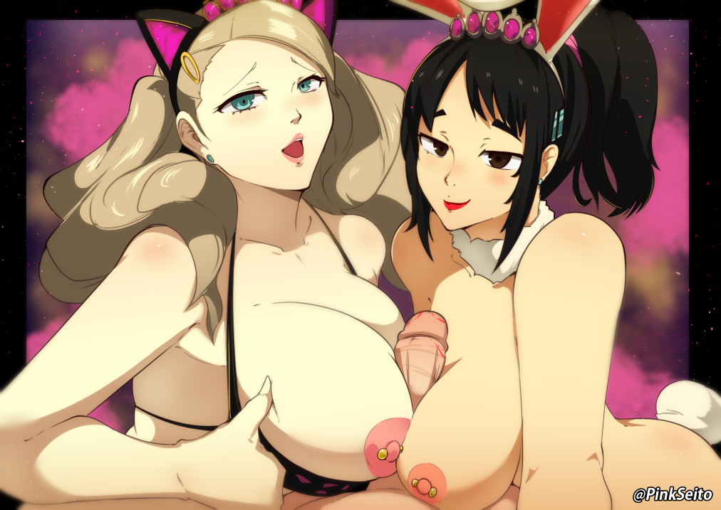 1boy 2girls ann_takamaki atlus bikini black_hair blonde_hair cat_ears cognitive_ann cognitive_shiho double_paizuri leopard_print leopard_print_bikini lipstick long_hair male_pov nipple_piercing paizuri persona persona_5 pierced_nipples piercing piercings pinkseito ponytail pov shiho_suzui twintails