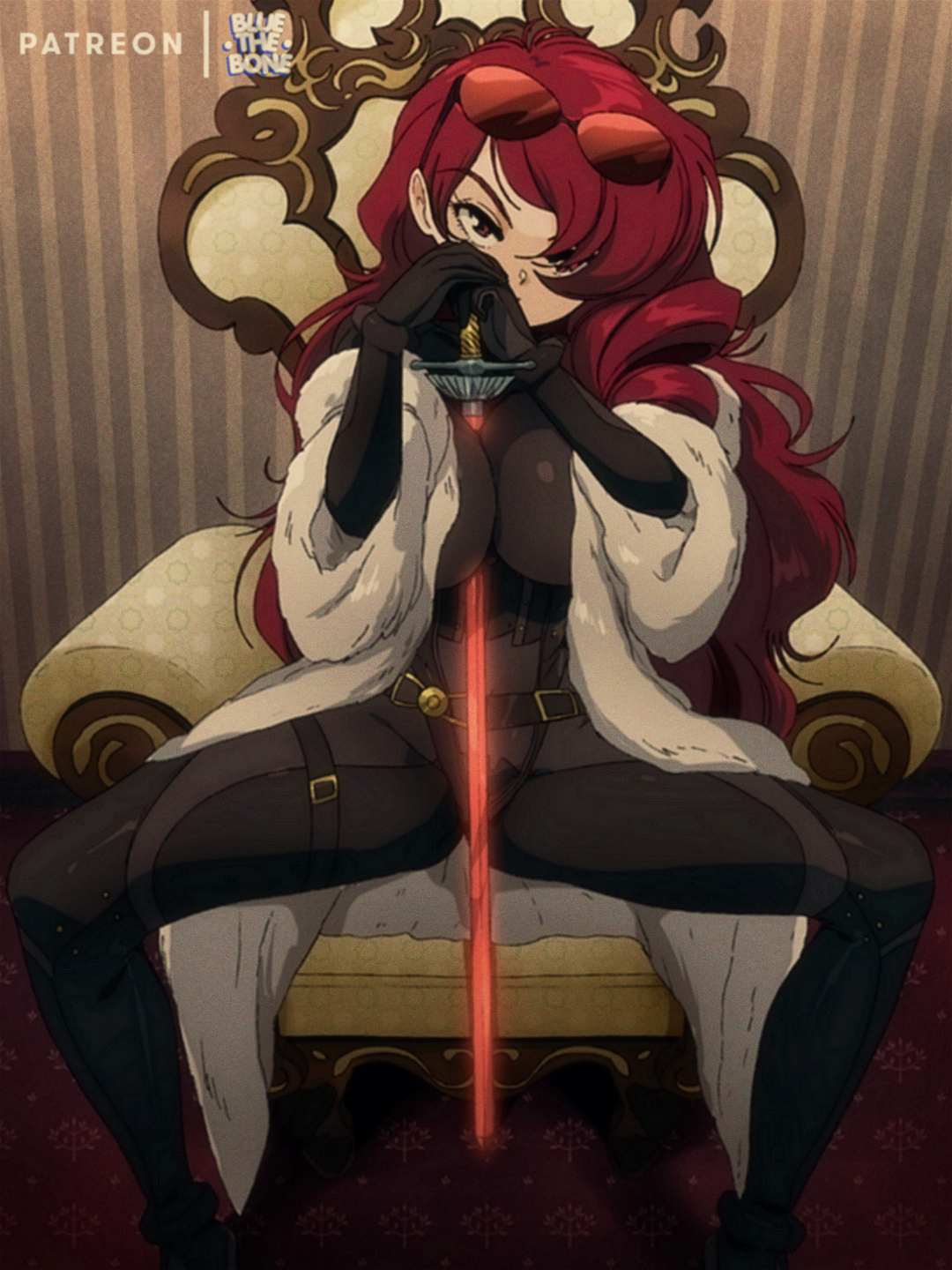 1girls, 3:4, alternate version available, big breasts, black bodysuit, bluethebone, bodysuit, breasts, catsuit, clothed, clothed female, female, female focus, female only, fur coat, large breasts, long hair, looking at viewer, megami tensei, mitsuru kirijo, mitsuru kirijo (arena), object between breasts, persona, persona 3, persona 4, persona 4 arena, rapier, red eyes, red hair, retro artstyle, sitting, solo, spread legs, sunglasses, sunglasses on head, sword, sword between breasts, tight clothing
