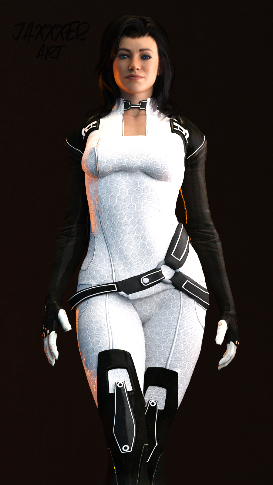 1girls 3d black_boots black_hair blue_eyes bodysuit female female_only jaxxxer looking_at_viewer mass_effect mass_effect_2 medium_breasts miranda_lawson pinup realistic sfw simple_background smile solo thick_thighs