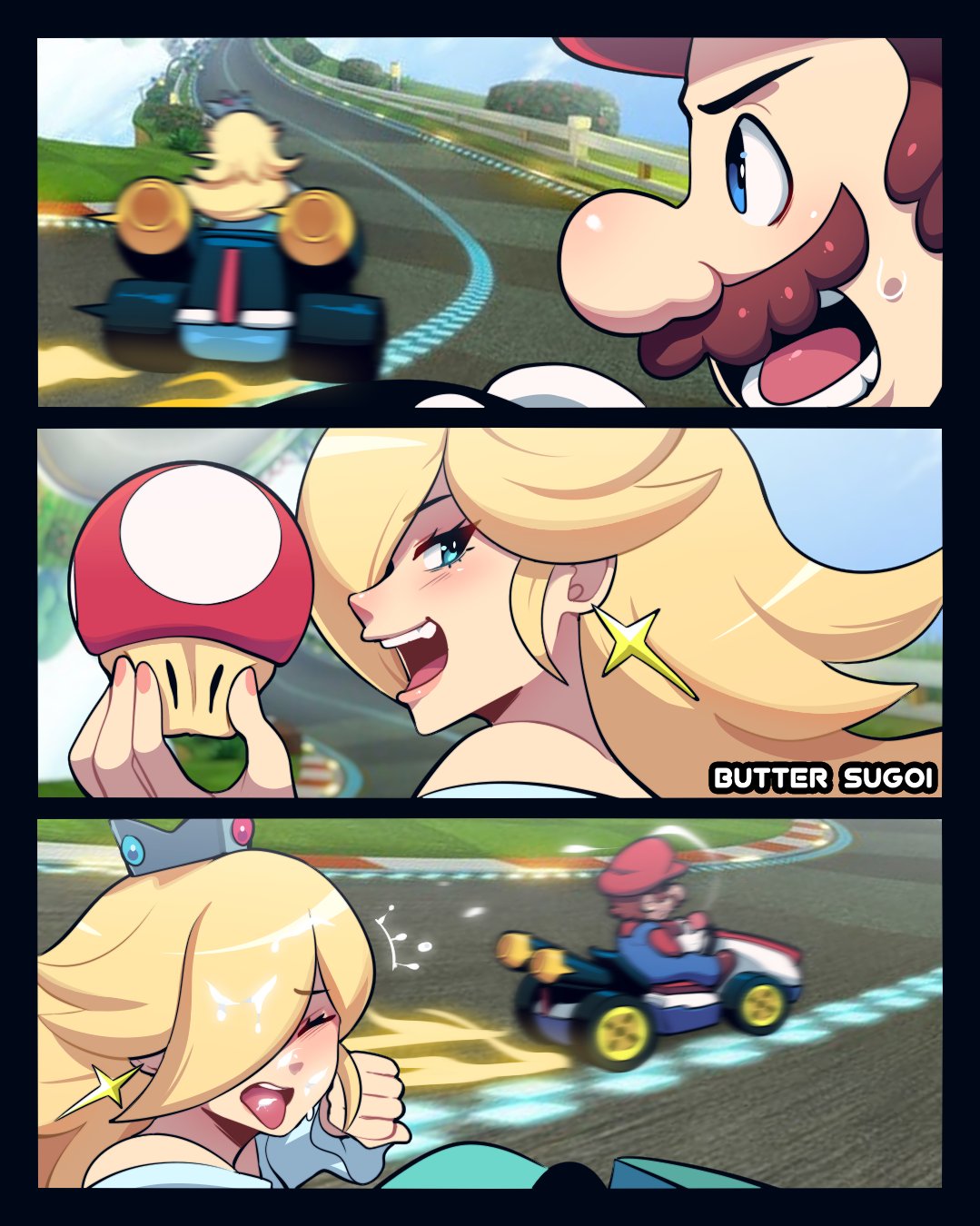 1boy 1boy1girl 1girls blonde_hair blue_eyes butter_sugoi comic crown cum cum_in_mouth cum_on_face facial female kart male mario mario_(series) mario_kart mario_kart_8 mushroom nintendo princess_rosalina race sexual_harassment sexually_suggestive smile tongue unwanted_cumshot