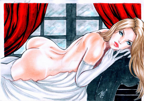 blonde_hair blue_eyes bubble_butt couch elbow_gloves emma_frost female female_only joe_lima laying_on_bed looking_at_viewer marvel marvel_comics nude nude_female pinup watermark white_queen x-men