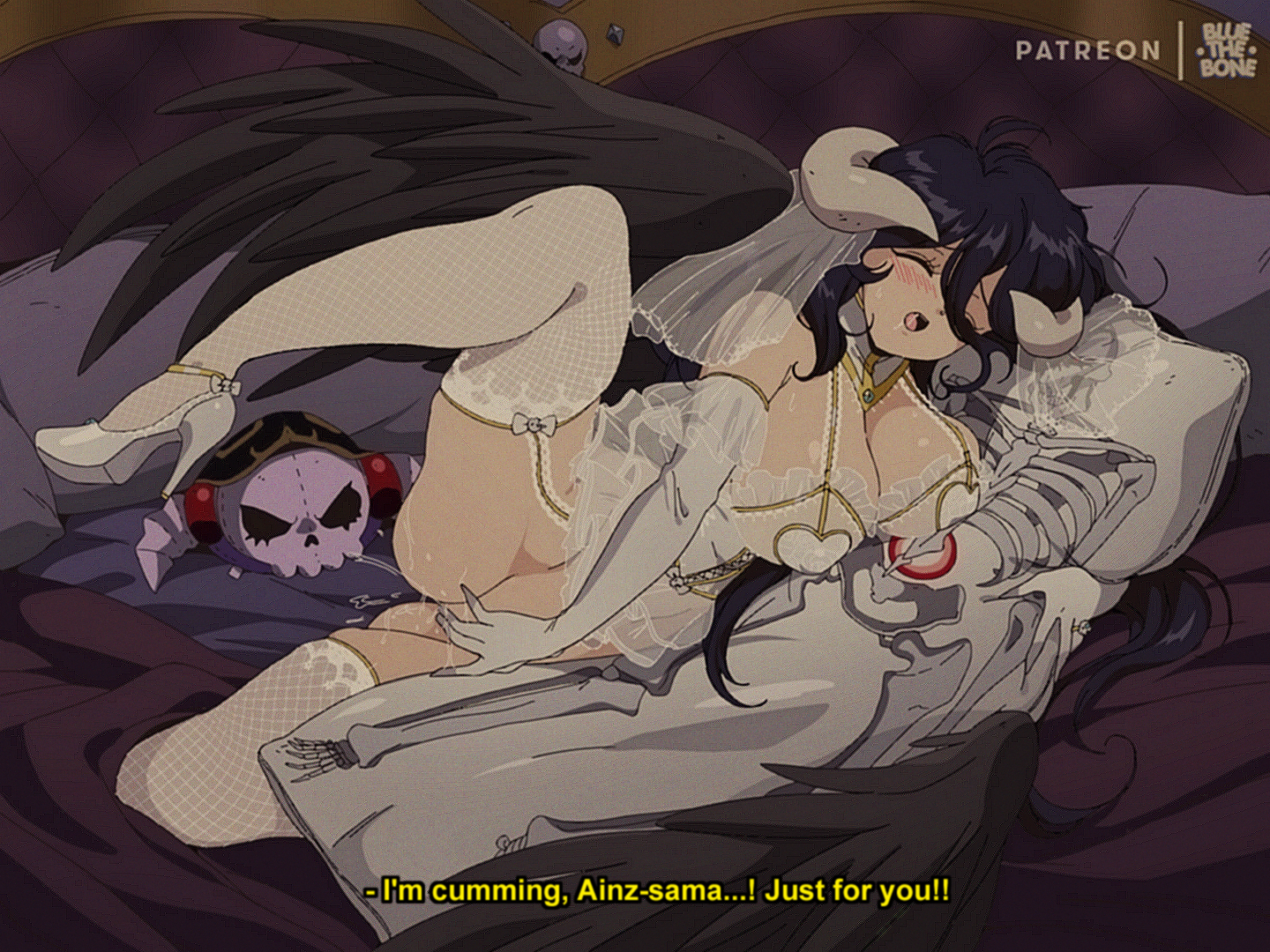 1girls, ainz ooal gown, albedo (overlord), ass, bed, big breasts, black hair, bluethebone, body pillow, breasts, bride, cleavage, closed eyes, cumming, demon, english text, female, female focus, female only, fishnet stockings, gloves, grabbing pillow, heels, high heels, hips, horns, large breasts, legwear, long hair, masturbation, no panties, orgasm, orgasm face, overlord (maruyama), pussy, retro artstyle, shaved pussy, skeleton, solo, stockings, succubus, thick, thick thighs, thighhighs, wedding dress, wedding veil, wet pussy, wide hips, wings