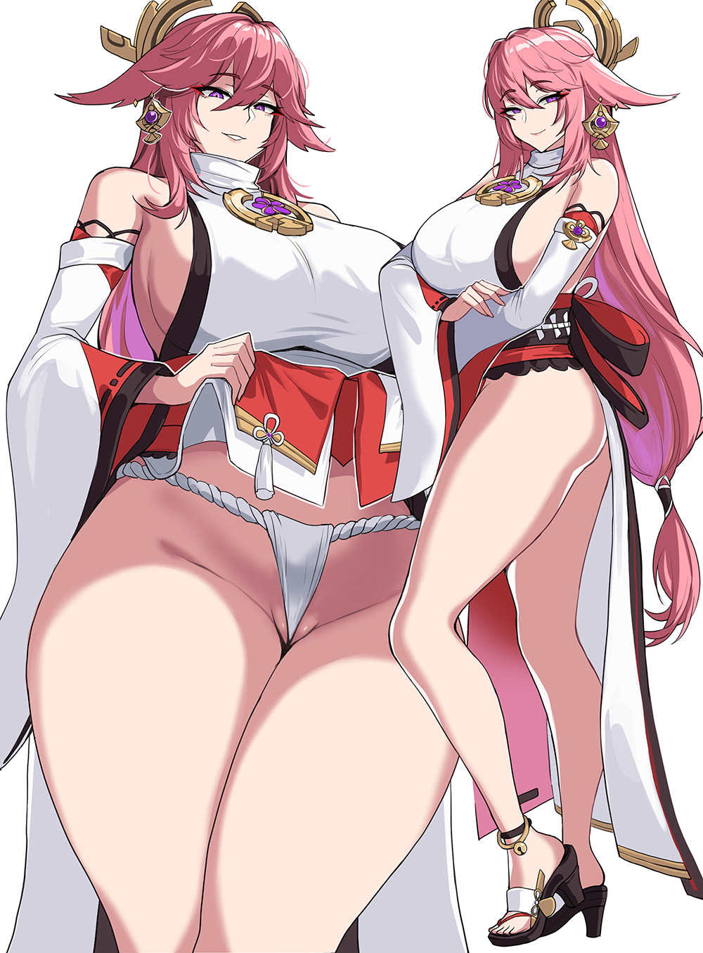 drogod (artist), female, genshin impact, lifting, lifting skirt, panties, presenting, presenting panties, yae miko