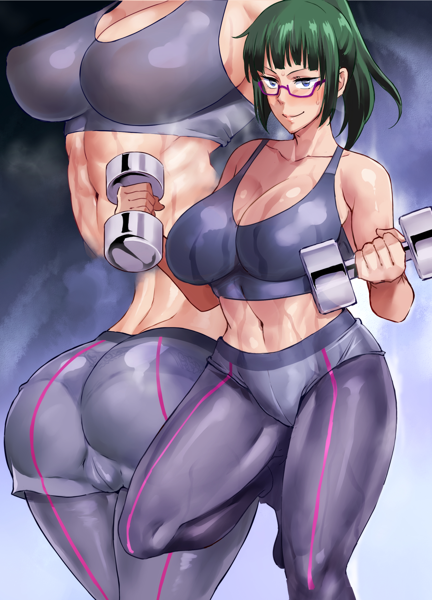 1girls, abs, ass, big ass, big breasts, big butt, blush, breasts, cameltoe, female, female focus, glasses, green hair, green-haired female, haikawa hemlen, jujutsu kaisen, large breasts, muscular, muscular female, ponytail, pussy, solo, sweat, thick thighs, thighs, yoga pants, zenin maki