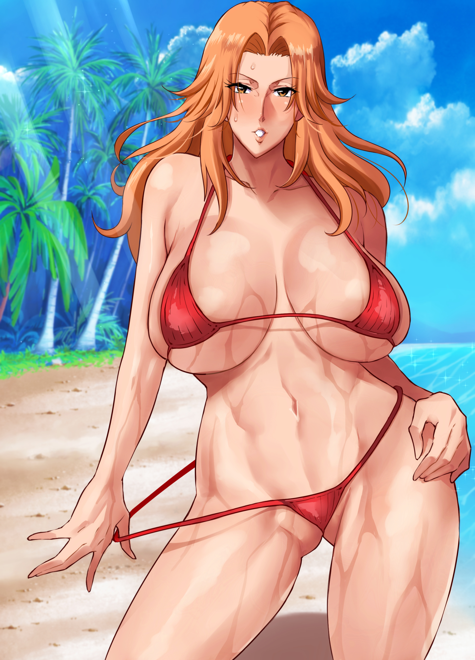 1girls, beach, big breasts, bikini, bleach, blush, breasts, eye contact, female, haikawa hemlen, huge breasts, large breasts, looking at viewer, matsumoto rangiku, micro bikini, orange hair, solo, standing, sweat, thick thighs, thighs, voluptuous, wide hips