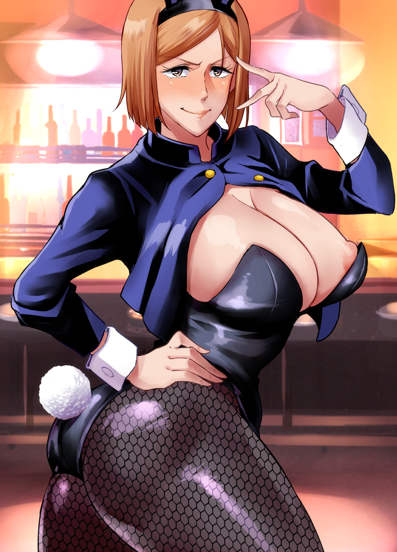 1girls, big breasts, blush, breasts, brown eyes, brown hair, brown-haired female, bunny ears, bunny tail, bunnysuit, cropped, eye contact, female, haikawa hemlen, huge breasts, jujutsu kaisen, kugisaki nobara, looking at viewer, pantyhose, smile, solo, standing, thick thighs, thighs